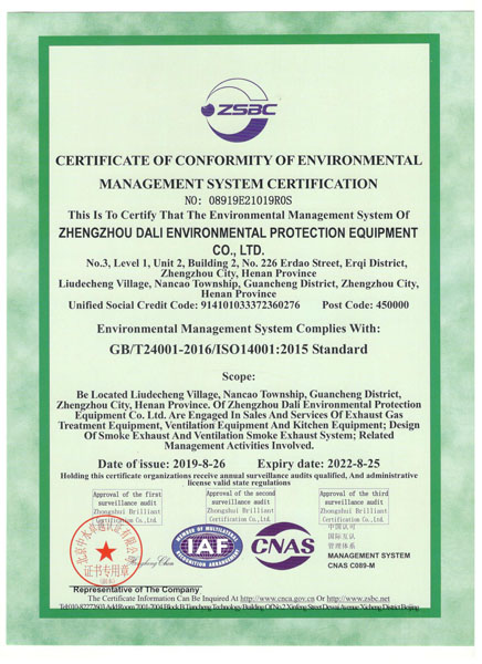 郑州市大力环保设备有限公司环境管理体系认证证书